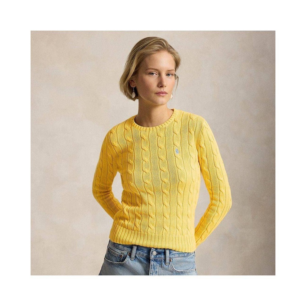 Ralph Lauren Women's Cable Knit Cotton Crewneck Sweater Yellow M Preppy Academia